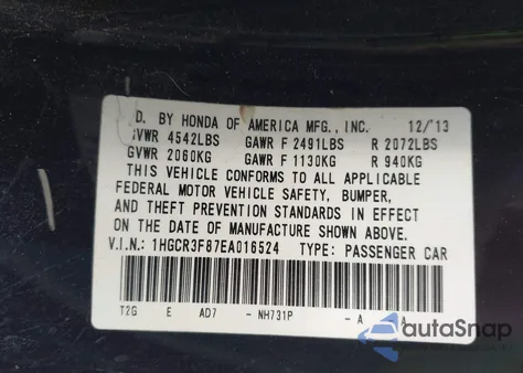 2014 Honda Accord Ex-L V-6 z USA, uszkodzony, nr VIN 1HGCR3F87EA016524